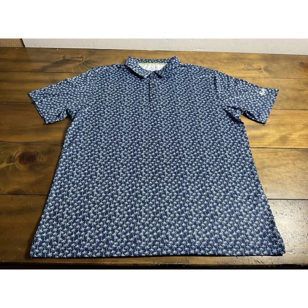 Maelreg Men's Performance Golf Polo Shirt Navy Palm Trees AOP Size Large